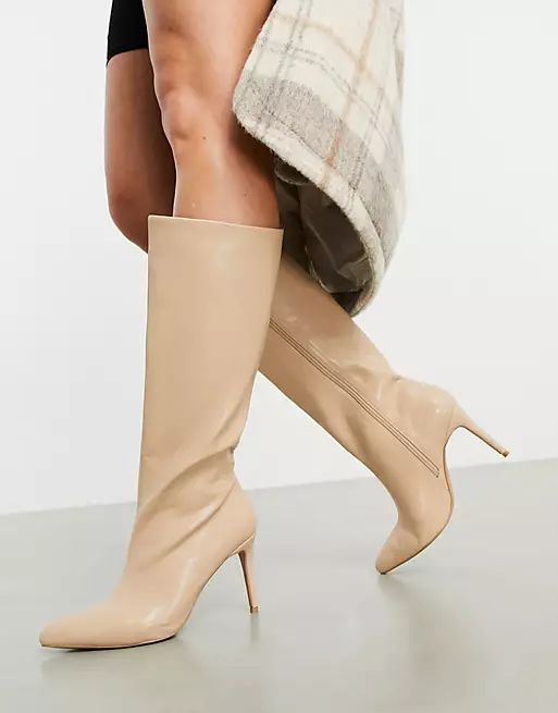 ASOS DESIGN Wide Fit Claudia knee high boots in beige | ASOS (Global)