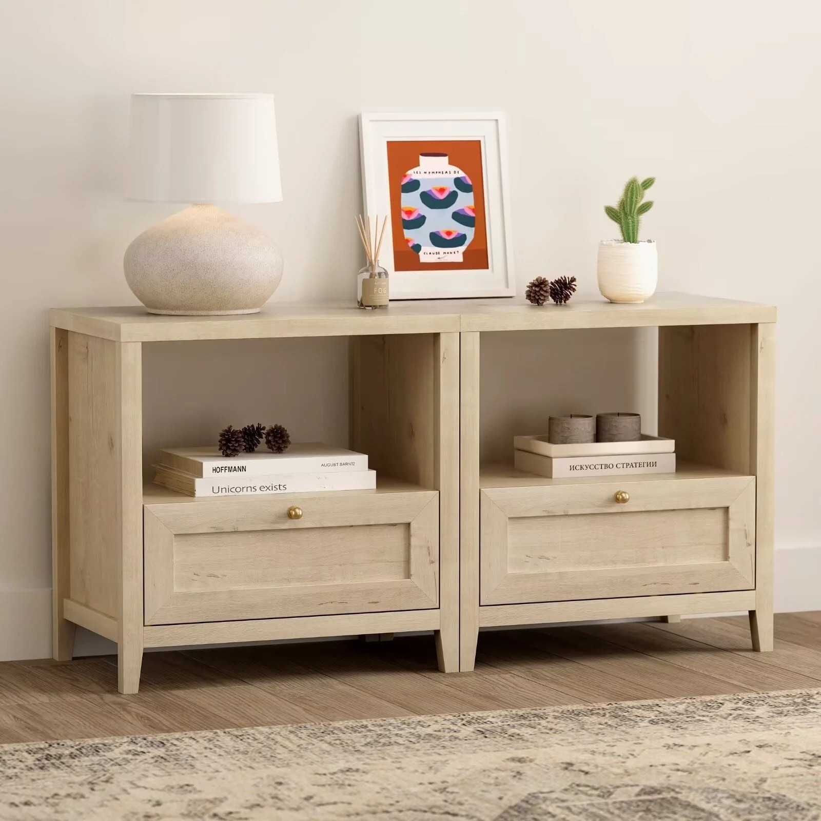 EYYTHUNG Farmhouse Nightstands Set of 2 with Drawer, Modern 24" Wide End Table, Mid Century Night... | Walmart (US)