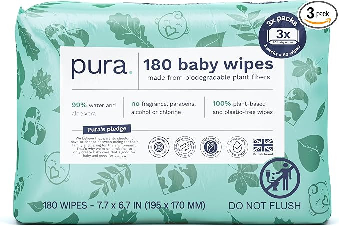 Pura Baby Wipes 3 x 60 per pack (180 Wipes) 100% Plastic-Free & Plant Based Wipes, 99% Water, Sui... | Amazon (US)