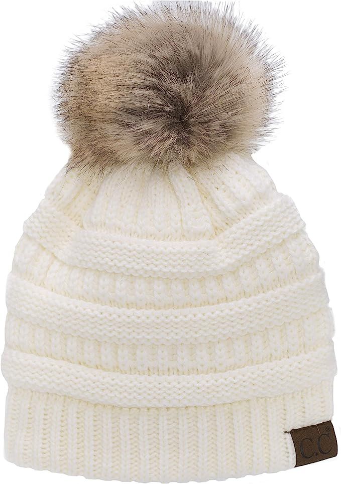 C.C Trendy Warm Soft Stretch Cable Knit Ribbed Faux Fur Pom Pom Fuzzy Sherpa Fleece Lined Skull C... | Amazon (US)