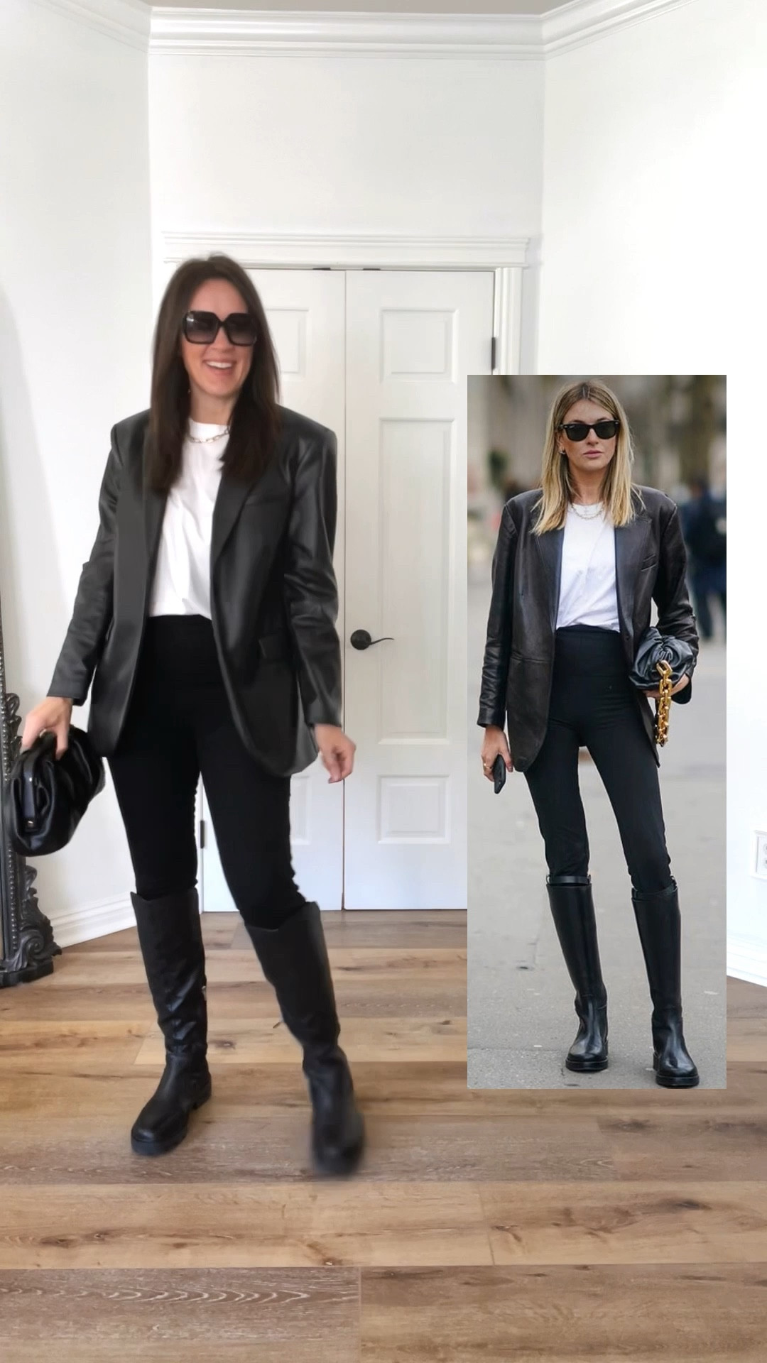 Faux leather blazer styling!

Blazer—oversized, wearing medium
Tee-tts, wearing small
Spanx jeans-size up, wearing medium
Boots-TTS

Casual look | faux leather blazer | black skinny jeans | black riding boots | 

#LTKunder50 #LTKunder100 #LTKstyletip