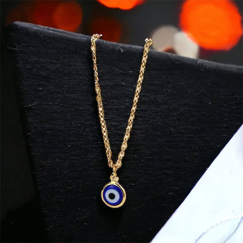 18k Real Gold Evil Eye Necklace Blue Evil Eye Nazar Charm on Dainty Gold Chain Protection, Good L... | Etsy (US)