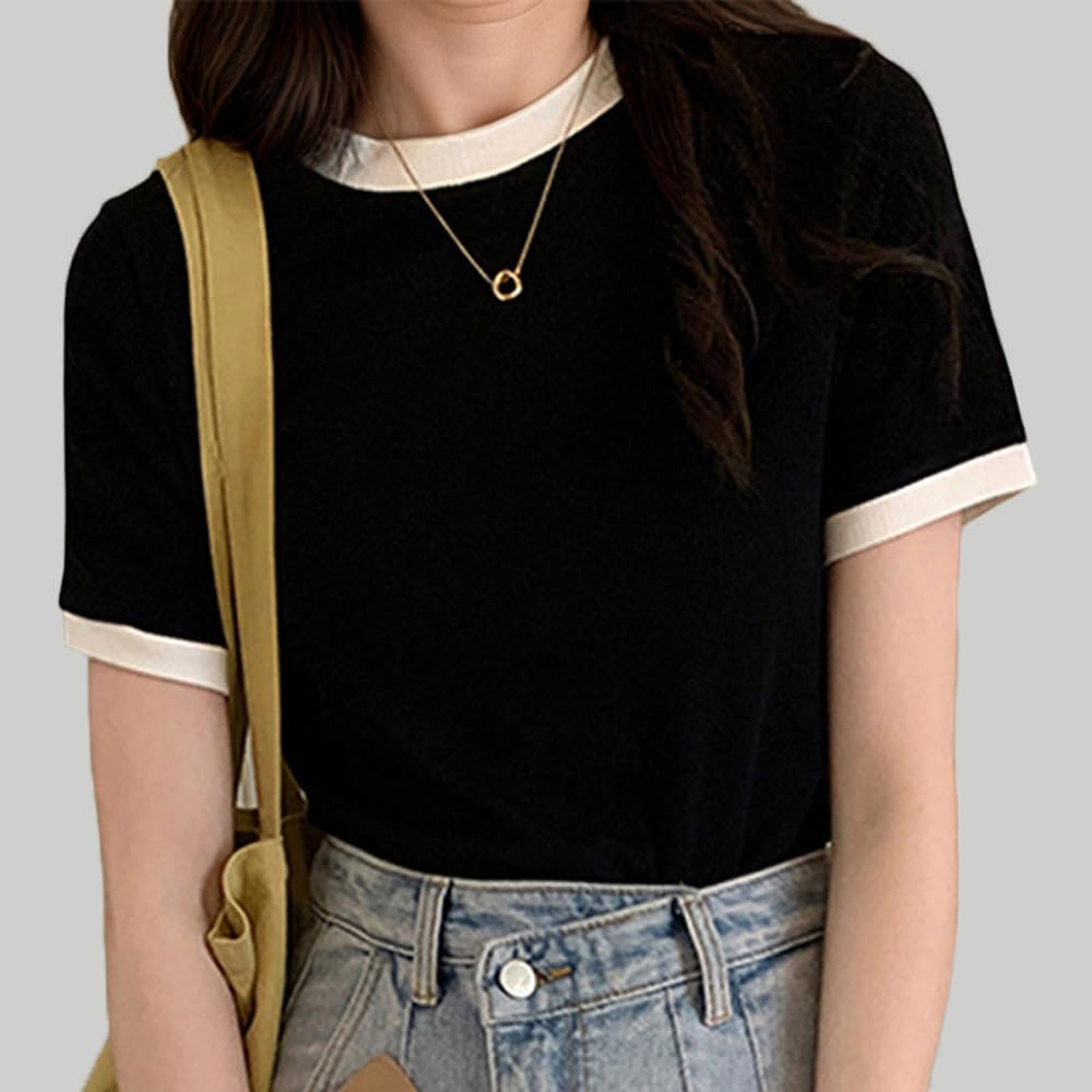 Amazon.com: Women's Casual Slim Fit Short Sleeve T-Shirt Summer Round Neck Spandex Top Black : Cl... | Amazon (US)