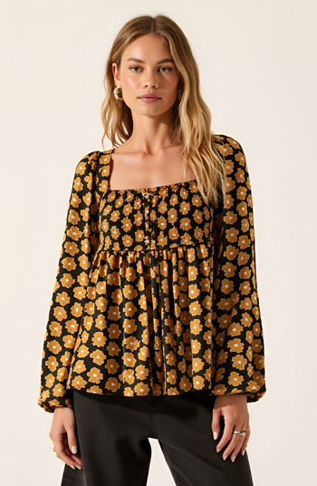 Floral Print Smocked Bodice Long Sleeve Top with Square Neckline | Nordstrom
