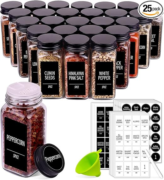 25 Spice Jars with 547 Labels- Glass Spice Jars with Black Metal Caps, 4oz Empty Spice Containers... | Amazon (US)