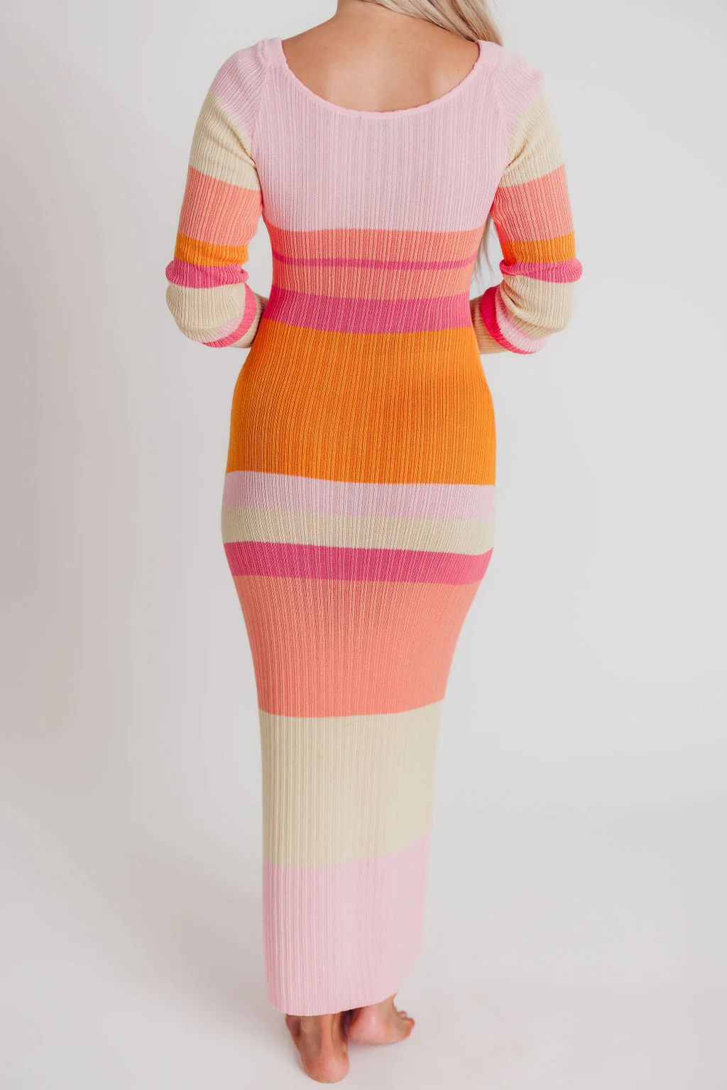 Mellow Ribbed Knit Maxi Dress with Long Sleeves in Pink/Orange Stripe | Worth Collective