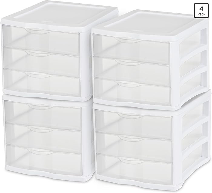 Sterilite 4-Pack 3 Drawer Unit, Stackable Plastic Organizer with Drawers, White Frame - Multi-Pur... | Amazon (US)