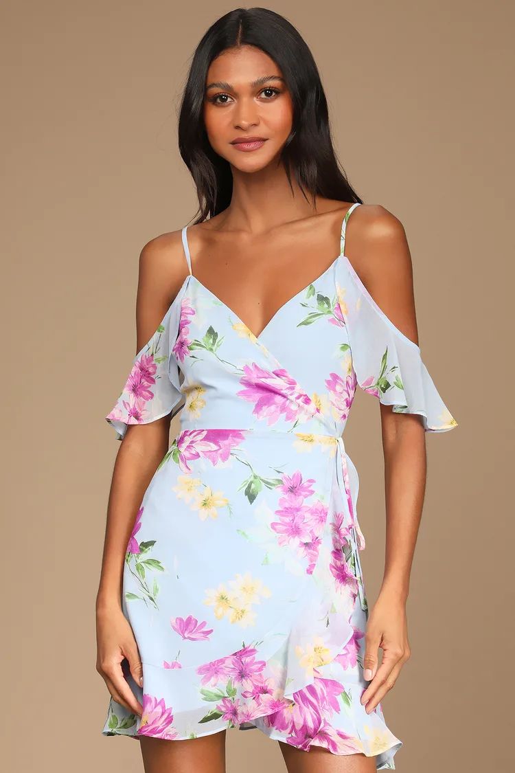 Blooming Blue Floral Print Ruffled Off-the-Shoulder Wrap Dress | Lulus (US)