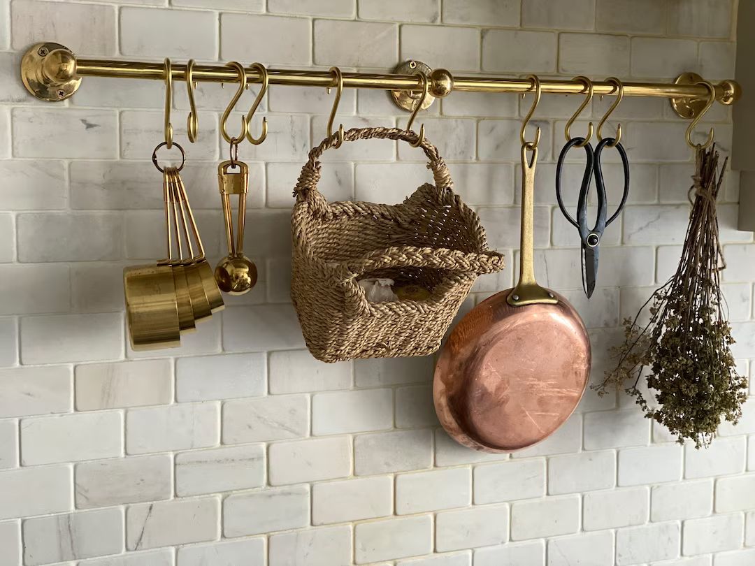 Unlacquered Brass Wall Mounted Pot Rack , Brass Kitchen Rail With Hooks , Brass Wall Pot Rack Kit... | Etsy (US)