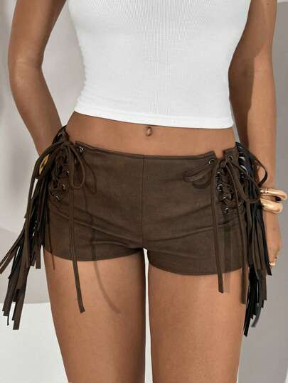 Aloruh Women's New Bohemian Style PU Leather Shorts, Deep Brown Tie Dye, Super Short Fringe Tight... | SHEIN