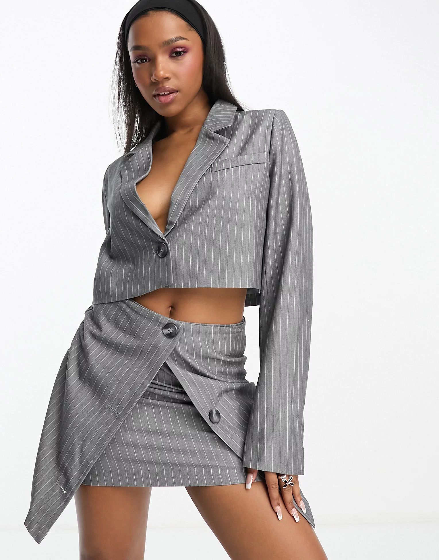 The Frolic pinstripe cropped tailored blazer co-ord in grey | ASOS (Global)