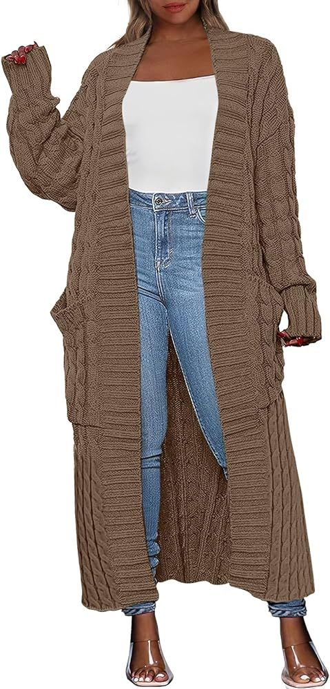 Caracilia Womens Long Cardigan Sweater Open Front Long Sleeve Chunky Cable Knit Duster Outerwear ... | Amazon (US)