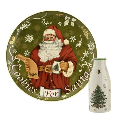 Spode Christmas Tree Plate and Bottle Set (2-Piece) - 8.5" Porcelain "Cookies for Santa" Plate & 10 Oz, Dishwasher Safe Festive Seasonal Gift Set | Target