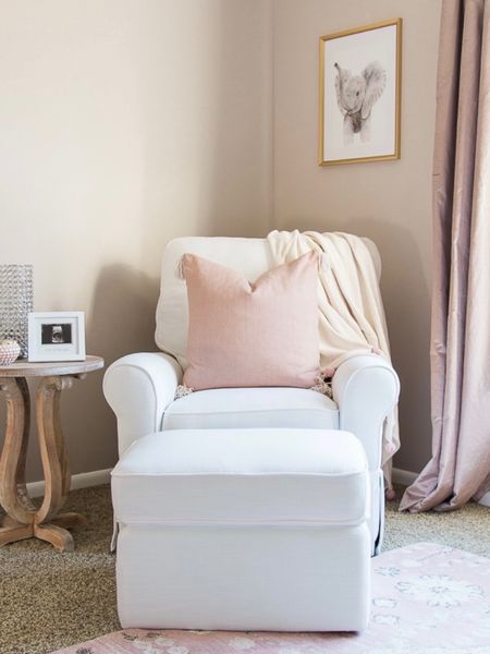Nursery glider, white glider chair, nursery rocker, pink curtains, nursery curtains, nursery Decor, pink rug, nursery rug, home decor