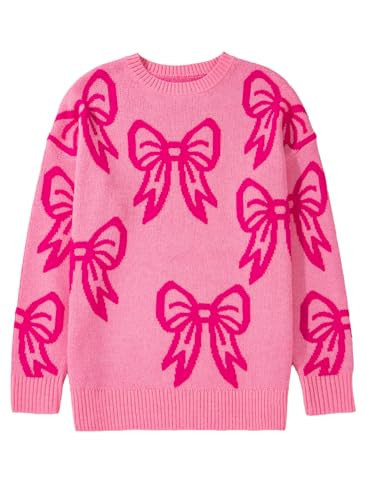 Women's Bow Pink Sweater Long Sleeve Crew Neck Y2k Knitted Sweater Fashion Top Sweater(01 M) | Amazon (US)