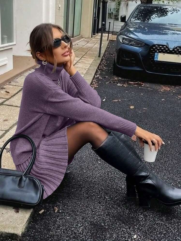 2pcs/Set Women's Casual Turtleneck Sweater And A-Line Skirt, Autumn/Winter, For Daily Wear | SHEIN