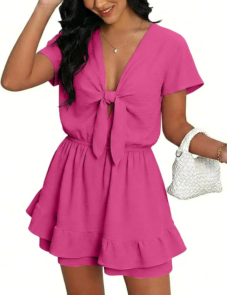 Angashion Womens Summer Shorts Romper: Sexy V-Neck Self Tie Double Layer Ruffle Hem Romper Dress ... | Amazon (US)