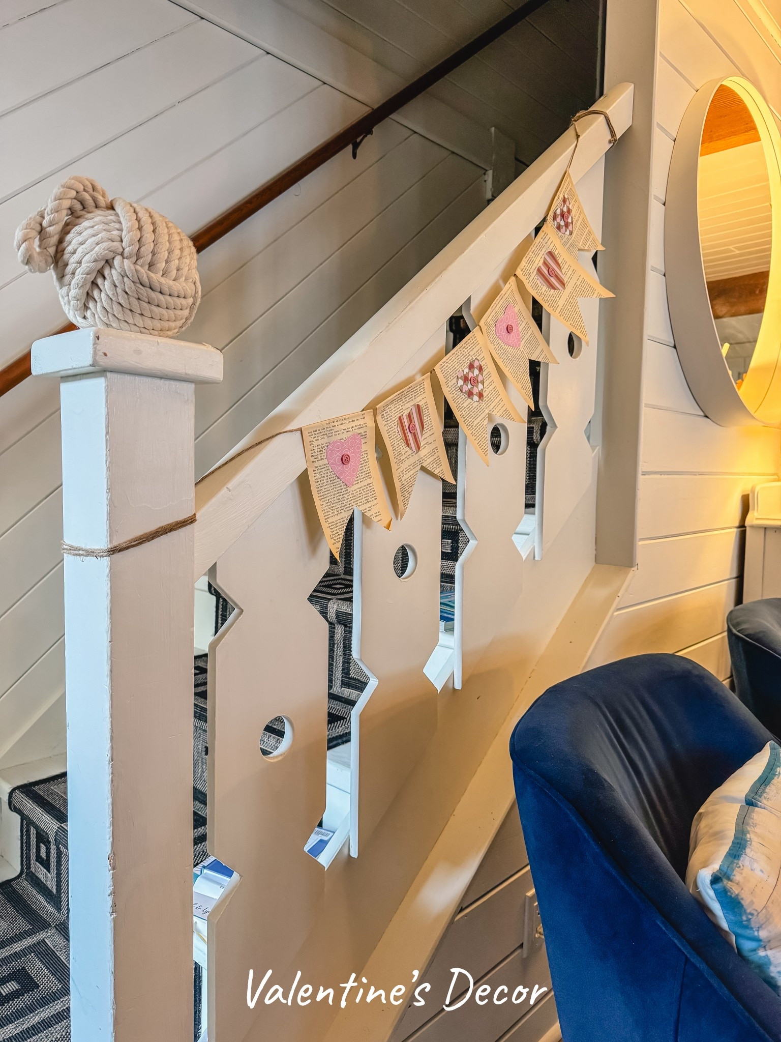 Simple hand made Valentine’s decor brightens my staircase. I use a sailor’s knot (monkey fist) doorstop on top of my newel post as an accent  

#LTKstyletip #LTKwinter #LTKhome