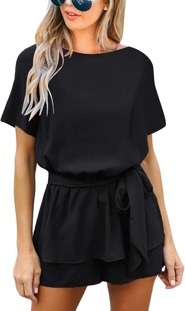 luvamia Women's Casual Short Sleeve Belted Overlay Keyhole Back Jumpsuits Romper | Amazon (US)