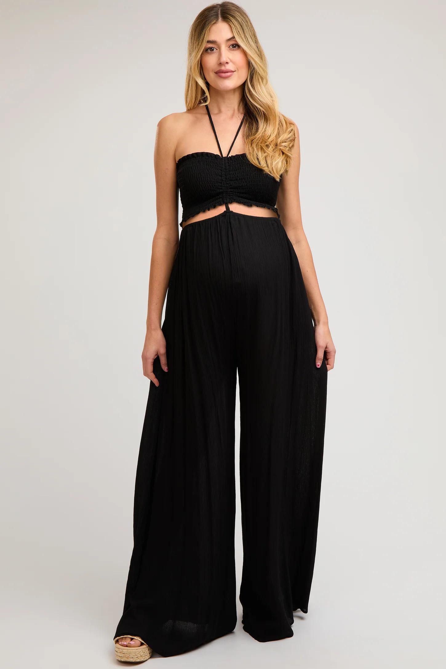 Black Smocked Drawstring Halter Side Cutout Maternity Jumpsuit | PinkBlush Maternity