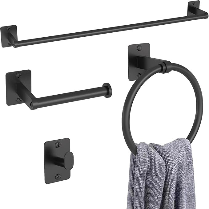 Matte Black Bathroom Accessories Set, KLJKPA 4 Pieces Bathroom Hardware Set, 24 inch Towel Bar, T... | Amazon (US)