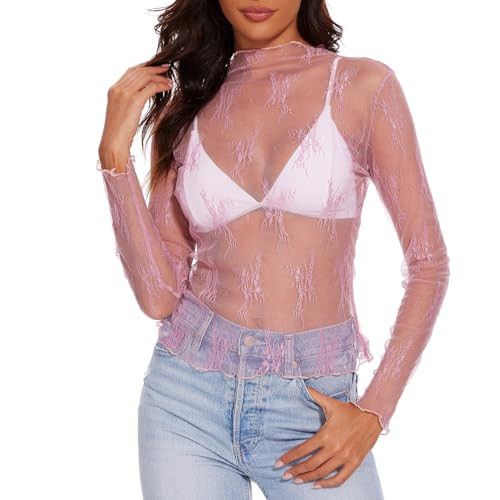 WHIPPY Womens Lace Long Sleeve Mesh Top Mock Neck Sheer Blouse Layering See Through Shirt Floral Embroidery Tops, Purple, XXL | Amazon (US)