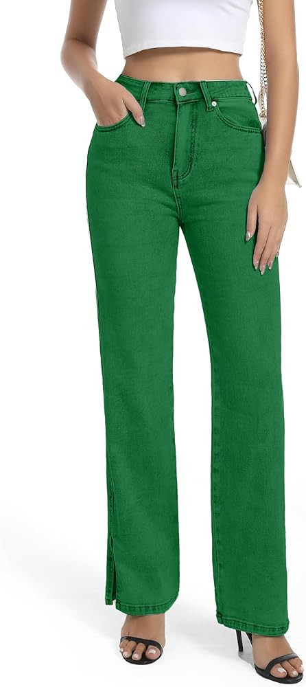 Womens Jeans High Waisted Stretchy Straight Leg Split Hem Jeans for Women Trendy Classic Denim | Amazon (US)