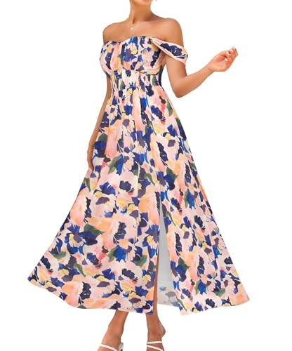 2025 Women's Summer Sleeveless Off Shoulder Floral Flowy A Line Maxi Dresses Blue Orange XXL | Amazon (US)