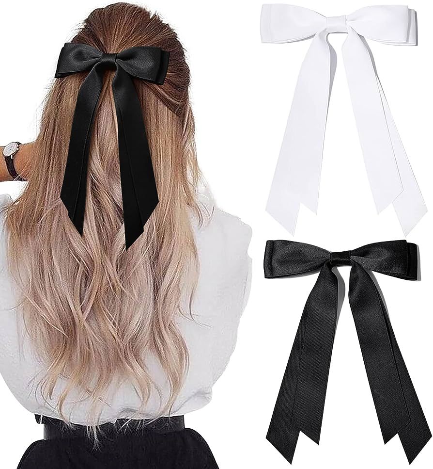 2PCS Silky Satin Hair Bows Hair Clip Black White Hair Ribbon Ponytail Holder Accessories Slides M... | Amazon (US)