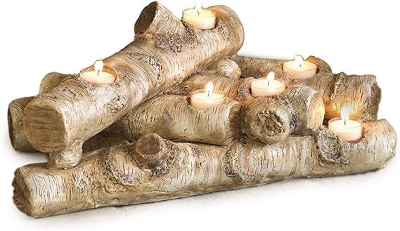 Plow & Hearth Faux Wood Resin Logs Tea Lights Candle Holder, Birch | Amazon (US)