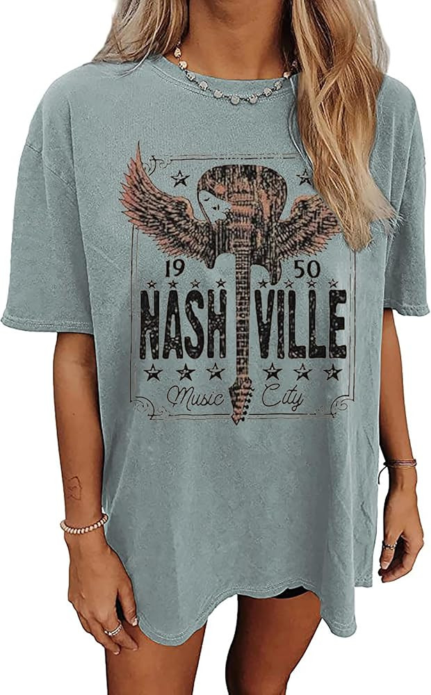 Nashville Music City T-Shirt Women Country Music Oversized Shirts Rock Band Tshirt Vintage Guitar... | Amazon (US)