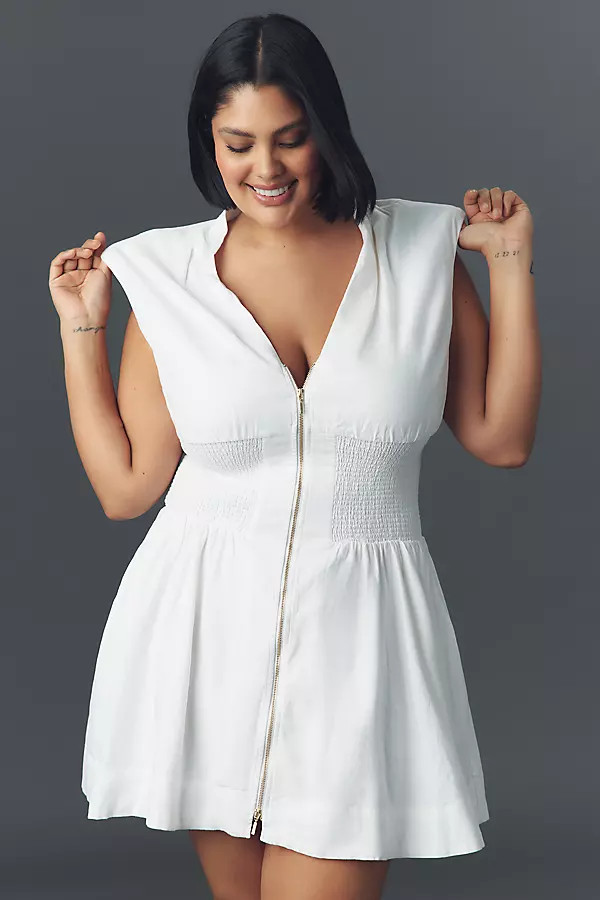 The Tommie Cap-Sleeve Linen Smocked Front-Zip Mini Shirt Dress | Anthropologie (US)