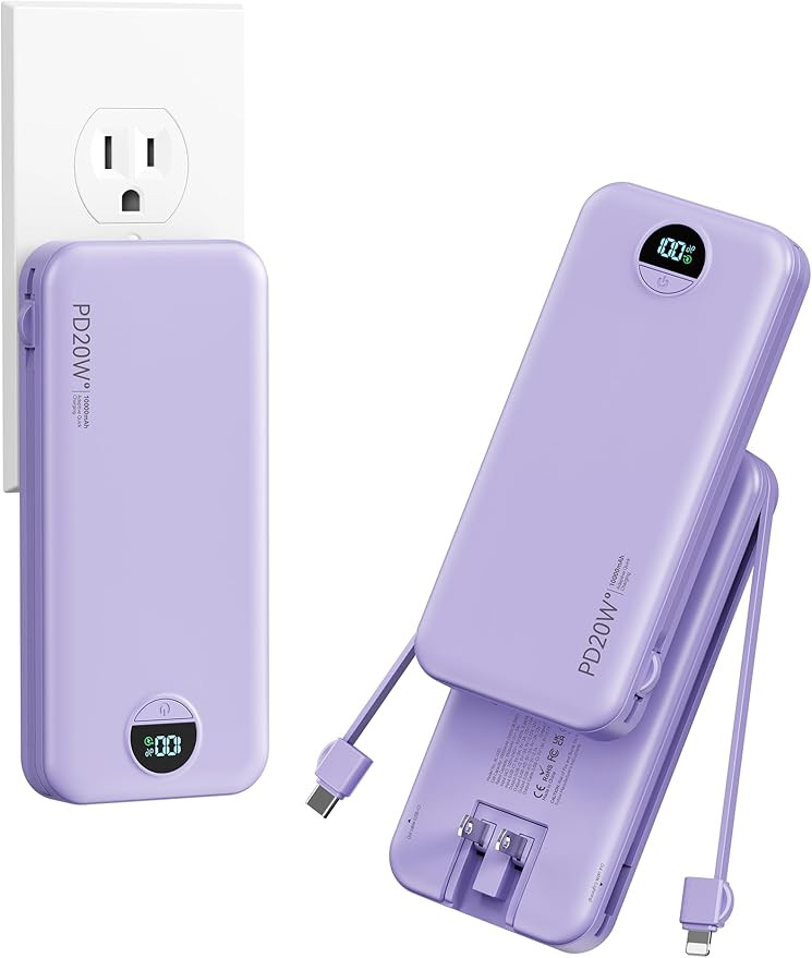10000mAh Ultra-Portable-Charger-Power-Bank with Built in Cables&AC Wall Plug, PD20W USB-C Fast Ch... | Amazon (US)