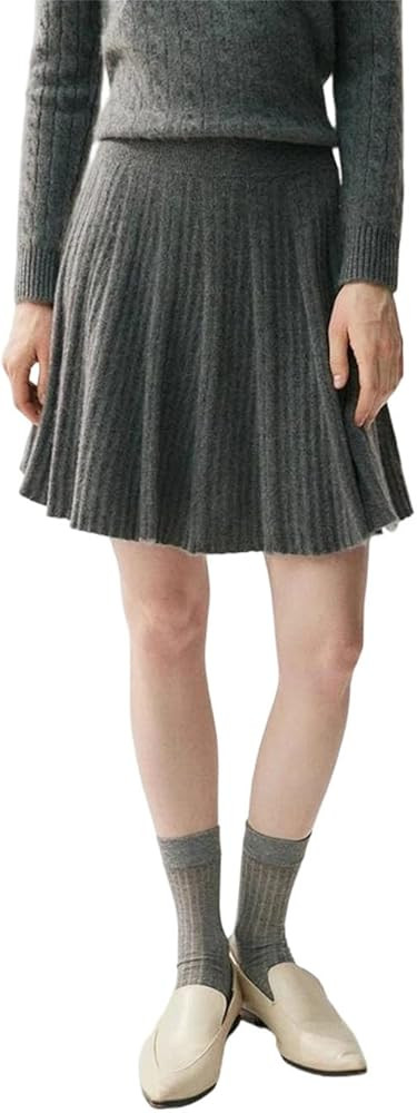 Women's Cashmere Pleated Skirt Short A-Line Above Knee Mini Skirts Elastic Waist Winter | Amazon (US)