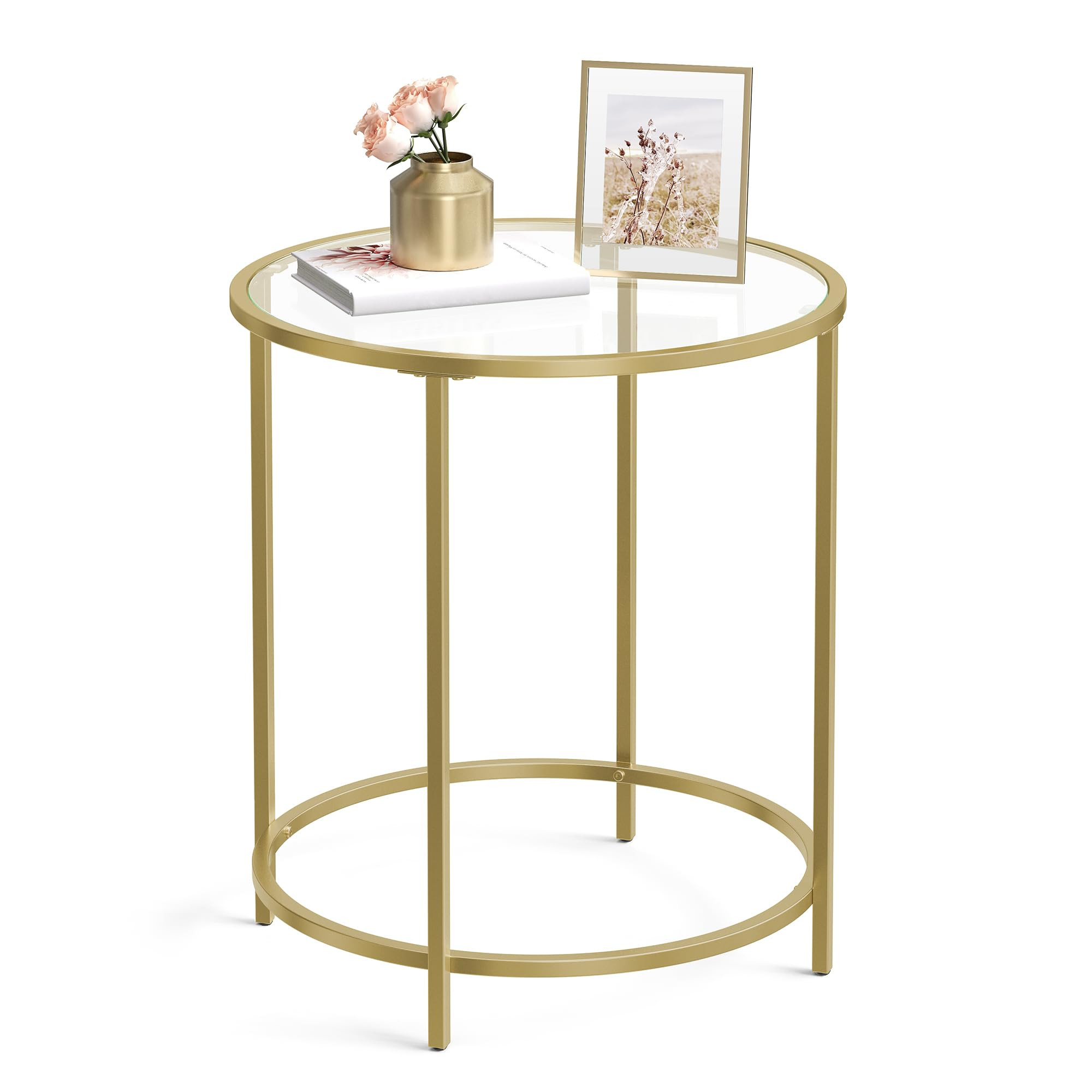 VASAGLE Round Side Table, Glass End Table with Metal Frame, Gold Coffee Table with Modern Style, ... | Amazon (US)