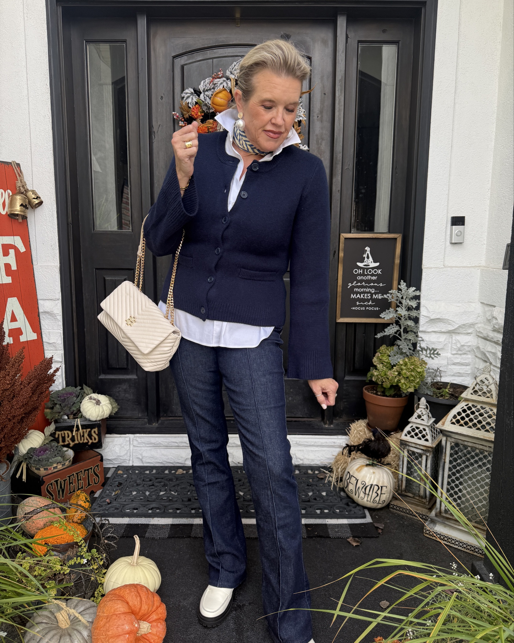 Sale and stackable 🚨 promo codes

 promo code: INFG-25DARCY10 (new customers will receive 10% off their first purchase, discount will stack on top of promo items. Promo code will not be applicable for existing customers.) And be sure to tag @onequince #QuincePartner 

Quince fall outfit Inspo 

white/Navy combo

The navy  Fall Mongolian cashmere sweater button up cardigan with slight peplum you’ll wear on repeat✔️

I don’t know how Quince makes such high quality Cashmere & knit wear at such affordable prices! 
Fits tts  I am in a med 

Quince white leather platform loafers! So good and affordable comfortable and fit tts 

🚨Use code  INFG-25DARCY10  
New customers will receive 10% off their first purchase 

My Go to fall basics 
A Chicos white no iron button up
Tts is a size 0

Spanx dark denim with front seam detail and a slight flare 
Tts in a med 
🚨Use code Deardarcyxspanx to save 10% 

White quilted & gold Catherine H bag

gold jewelry ball stuff earring lisi lurch 

Blue and white scarf #LTKStyleTip