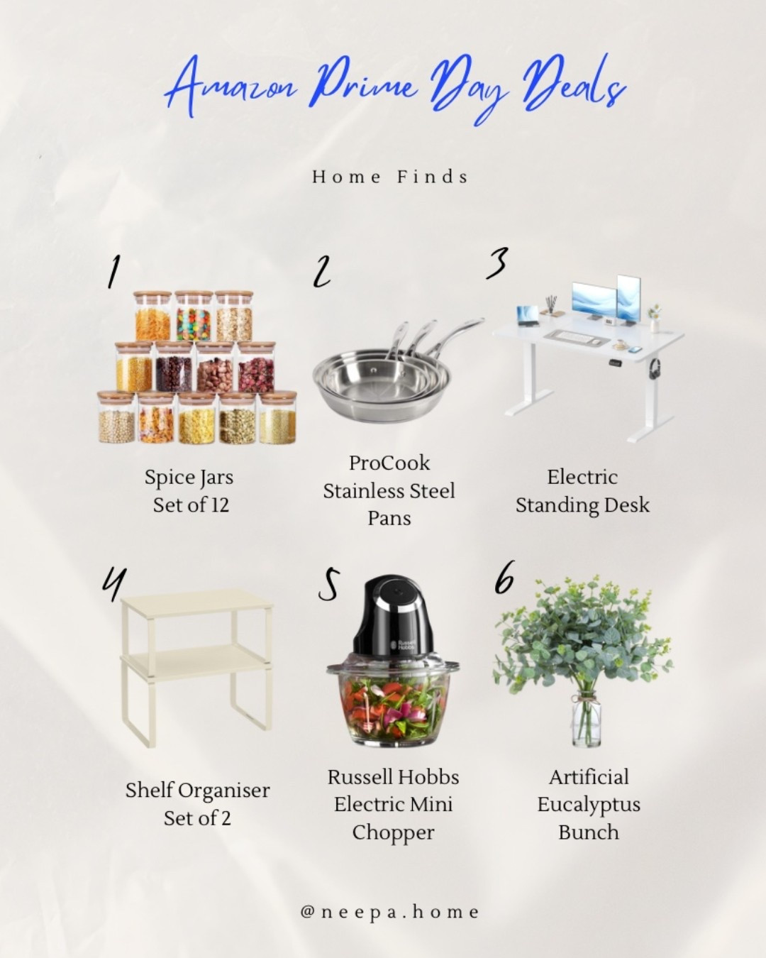 ✨ Amazon Prime Day Home Finds ✨
Sharing some of my favourite home must-haves that I actually use and love! 🏡💚

🧂 Spice jars – the perfect size and so aesthetic.
🍳 ProCook stainless steel pans – cook like a dream and such a bargain!
💻 Electric standing desk – total game changer for my home office.
🗂️ Shelf organisers – added so much space (and love the neutral tone!).
🧄 Russell Hobbs mini chopper – so quick & handy, I even got one for my SIL!
🌿 Artificial eucalyptus – they look so real and instantly elevate any room.

Everything’s linked on my LTK while the Prime Day deals last 👀
Perfect time to grab your home upgrades 🛋️


#LTKgiftguide #LTKxAmazon #LTKhome