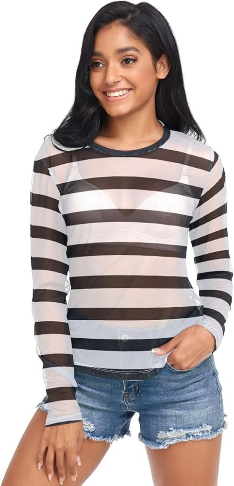 J JOYSAY Stars Stripes See Through Tops for Women Mesh Sheer Tops Long Sleeve Women Blouse | Amazon (US)