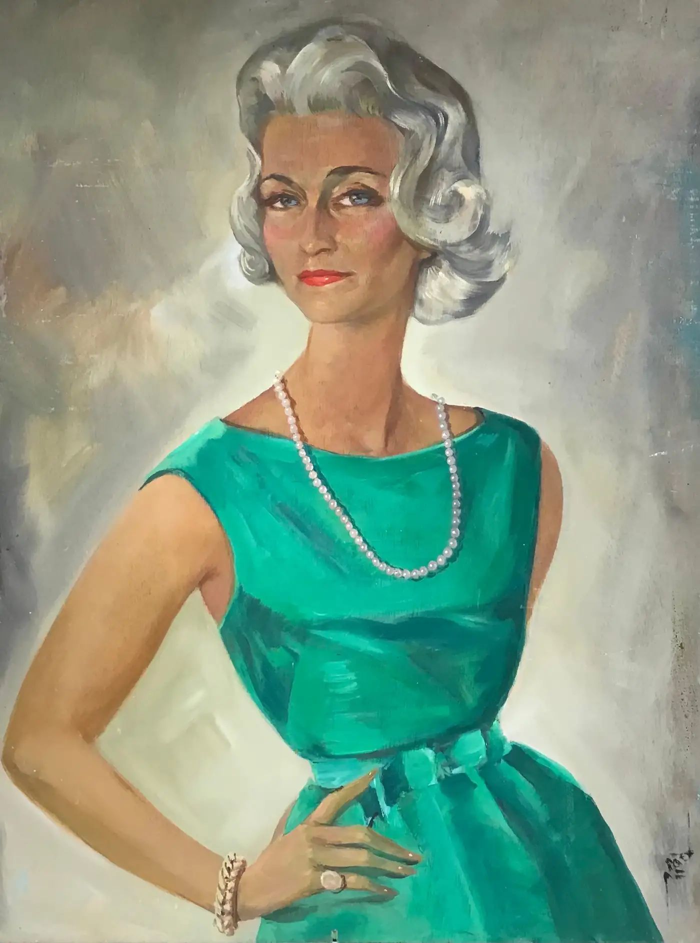 Huge 1960s French Signed Oil - Portrait of Fashionable Woman Emerald Green Dressc. 1960's | 1stDibs
