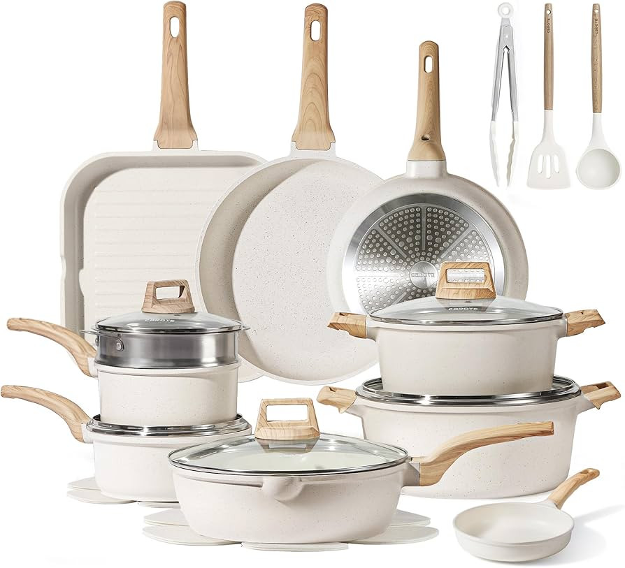 CAROTE 22pcs Pots and Pans Set Nonstick, Cookware Set White Granite Induction Kitchen Cooking Set... | Amazon (US)