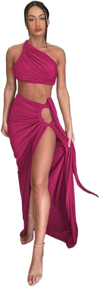 Women's 2 Piece Dress Sexy Y2k Strapless Crop Top High Slit Skirt Bodycon Maxi Long Skirt Suit Ni... | Amazon (US)