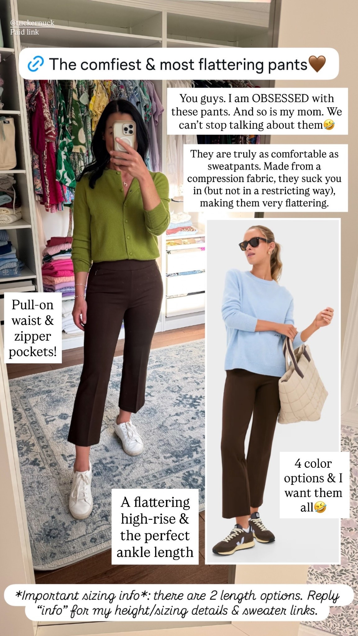 You guys. I am OBSESSED with these chocolate brown pants. And so is my mom. We can’t stop talking about them🤣 They are truly as comfortable as sweatpants!!

Sizing: these fit very TTS. I’m 5’ 4” and I’m wearing a S in the 25” length. If you’re taller, you might consider the 28”, but the 25” is perfect for me. My chartreuse green cashmere cardigan fits TTS, bu tif between sizes I would size up in this one. I’m wearing a S. 

Made from a compression fabric, they suck you in (but not in a restricting way), making them very flattering. Pull-on waist & zipper pockets!

A flattering high-rise & the perfect ankle length. 4 color options & I want them all.

Tuckernuck, classic style, women’s workwear, fall outfit, fall fashion, mom style, fall outfit idea, brown pants, cashmere 

#LTKStyleTip #LTKSeasonal #LTKWorkwear