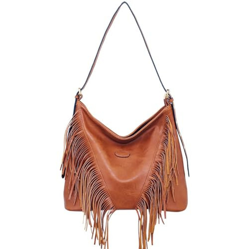 Teanea PU Leather Bohemian Fringe Hobo Tote Bag Large Crossbody Bag for Women, D Brown | Amazon (US)