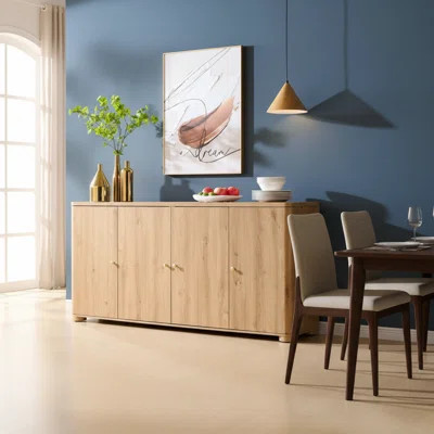 Natural Wood-Colored Kitchen Sideboard, Curved Coffee Bar Storage Cabinet, With 4 Cabinet Doors And Shelves, Suitable For Kitchens And Dining Rooms. | Wayfair North America