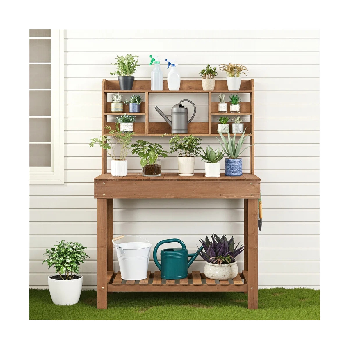 Kubilay Fir Potting Bench with Display Rack | Wayfair North America