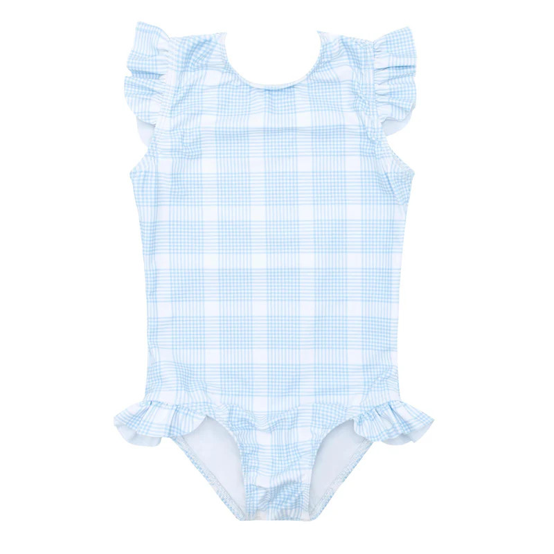 girls sunwashed plaid ruffle sleeve rashguard one piece | minnow