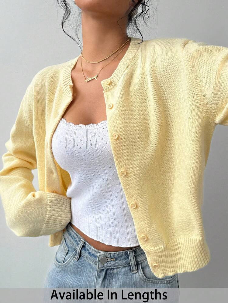 SHEIN Tall CURVE Plus Size Casual Solid Color Round Neck Long Sleeve Loose Cropped Women Yellow Sweater Cardigan, Fall Autumn,Spring,Valentine's Day,Casual | SHEIN
