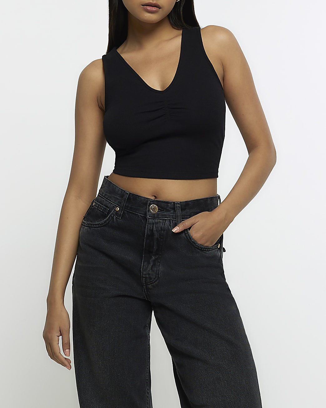 Black ruched front crop top | River Island (UK & IE)