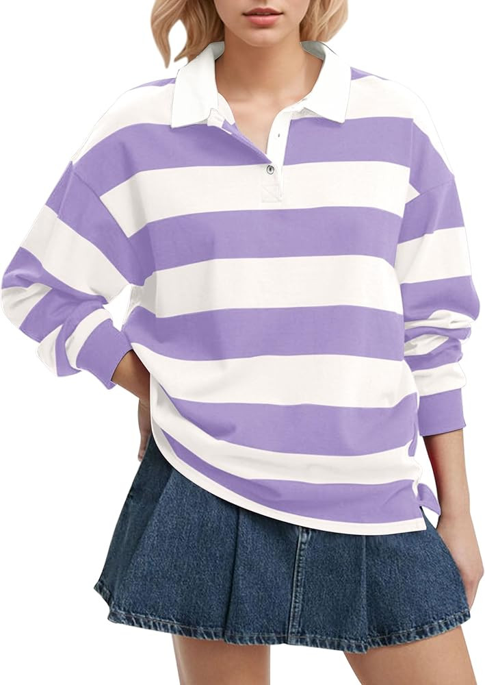Meladyan Rugby Shirt Women Polo Striped Sweatshirt Oversized Long Sleeve Lapel V Neck Pullover To... | Amazon (US)