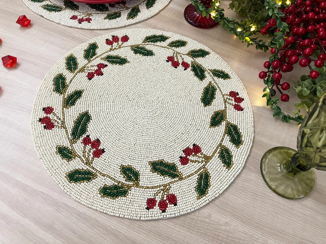 Christmas Special Beaded Placemat, 14 Inch, Gifts, Holly Berry Design - Etsy | Etsy (US)